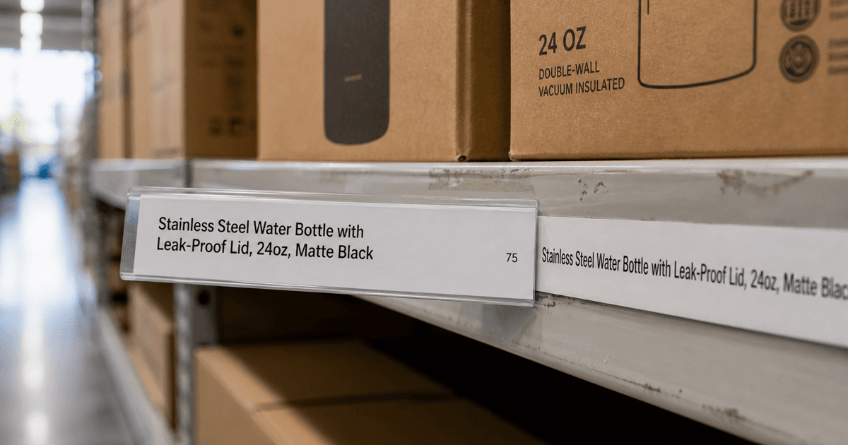 Editorial photo of a product title on a shelf tag being truncated to 75 characters as Amazon rewrites the listing.