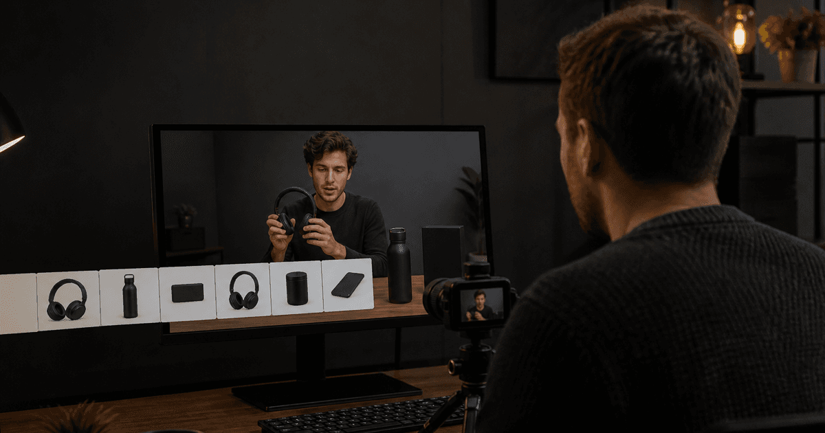 Editorial photo of Sponsored Products ad tiles appearing inside a creator product-review video.