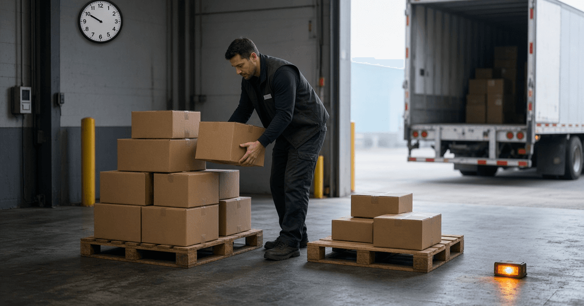 Editorial photo of a worker splitting inbound cartons across two pallets at a fulfillment loading dock ahead of a receive-by deadline.