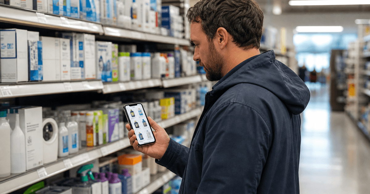 Editorial photo of a shopper in a retail aisle comparing shelf products to a marketplace listing on their phone.
