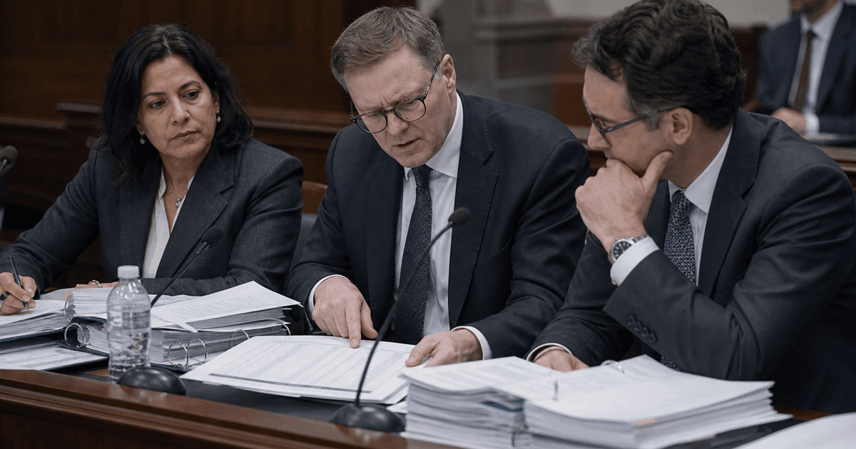 Editorial photo of officials at a hearing table reviewing advertising cost documents.