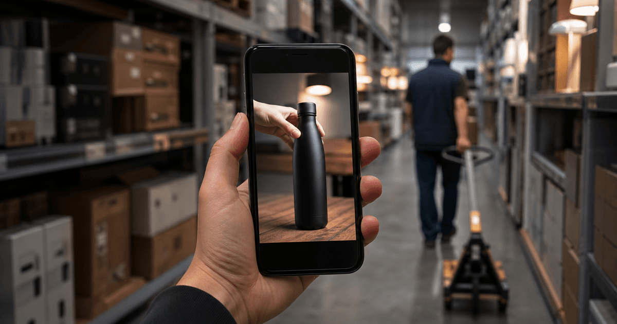 Editorial photo of a product video on a phone against a retail fulfillment backdrop.