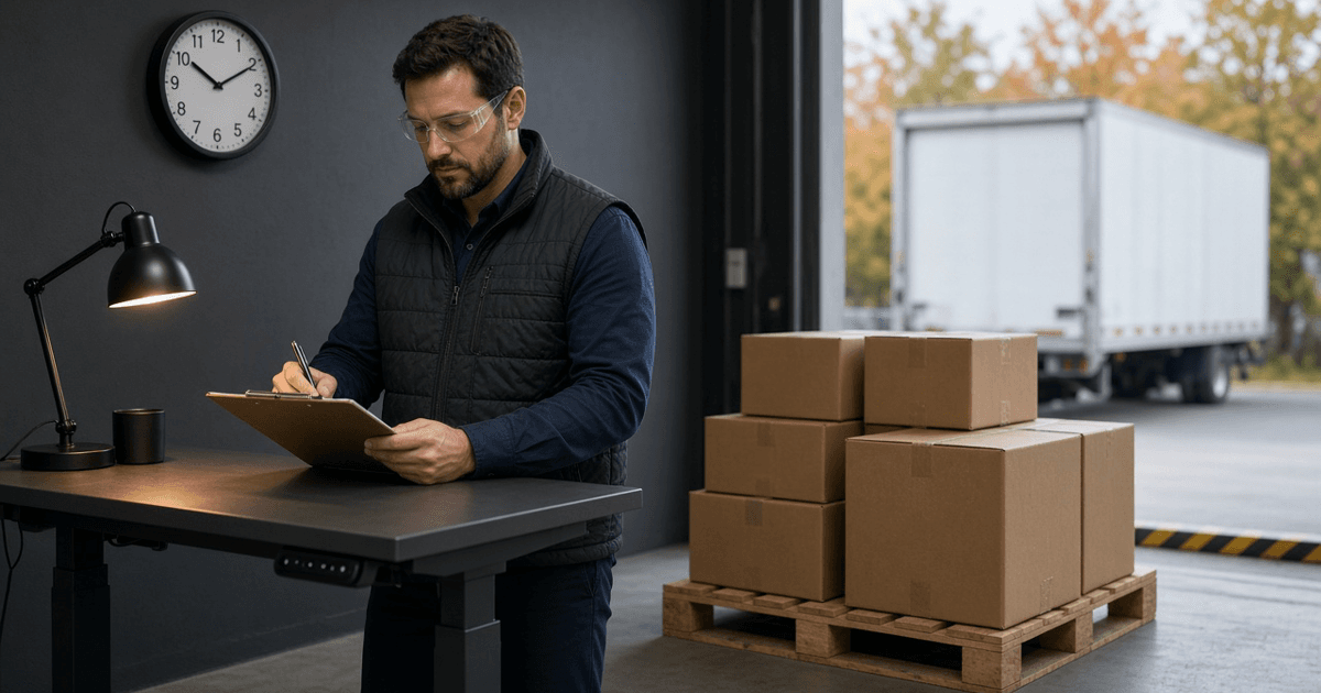 Editorial photo of a fulfillment receiving clerk checking inbound cartons at a loading dock ahead of a holiday inventory deadline.