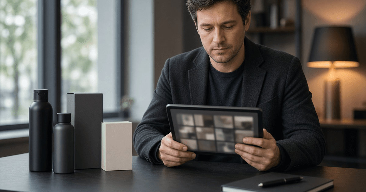 Editorial photo of a retail media operator reviewing campaign creatives on a tablet beside product packaging.