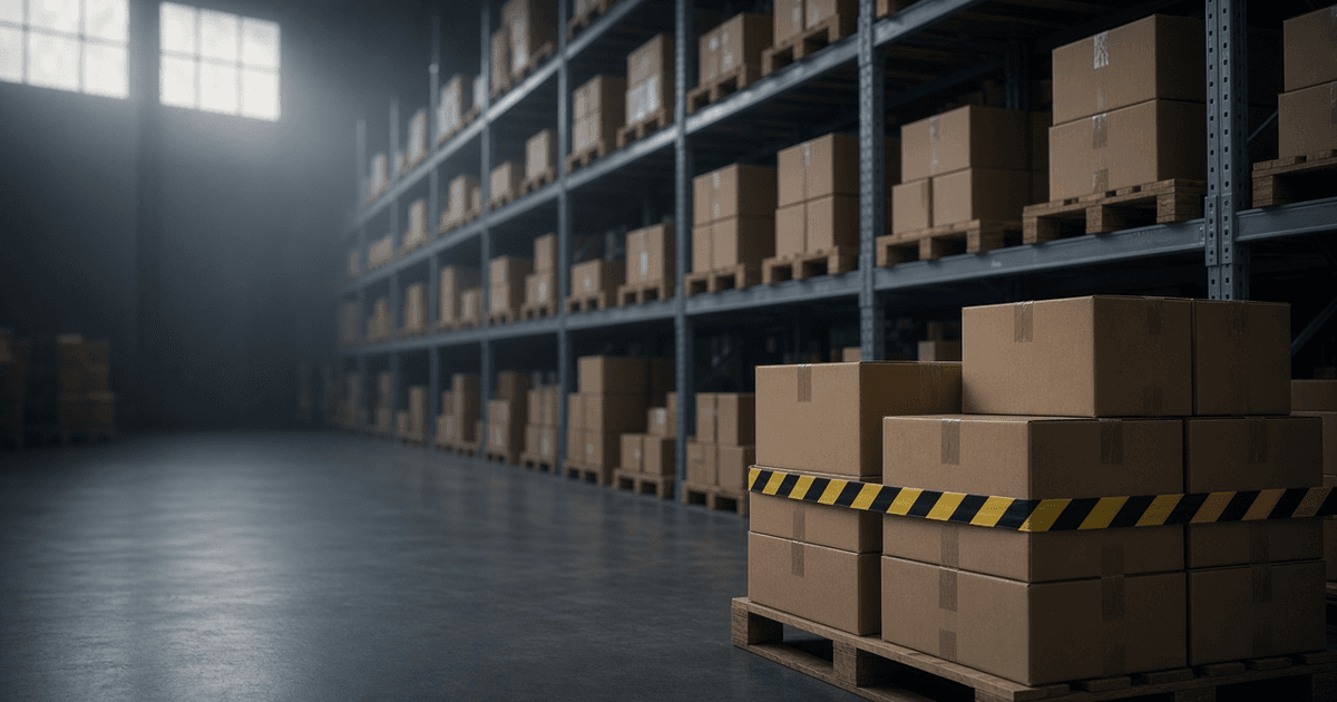 Warehouse pallets wrapped in yellow and black caution tape