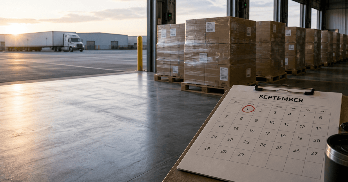 Warehouse loading dock with a September calendar circled on the 1st, showing the WFS inbound deadline.